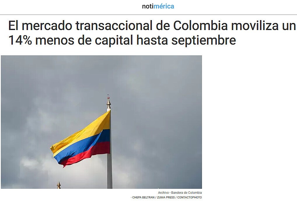 El mercado transaccional de Colombia moviliza un 14% menos de capital hasta septiembre